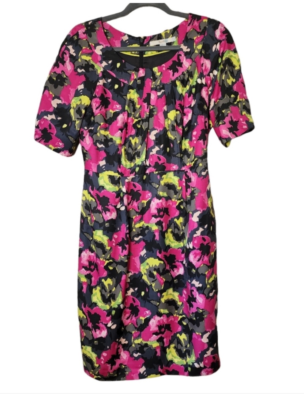 Boden Silk Floral Pink Grey Black Yellow Mini Dress 70s classic colorful print
